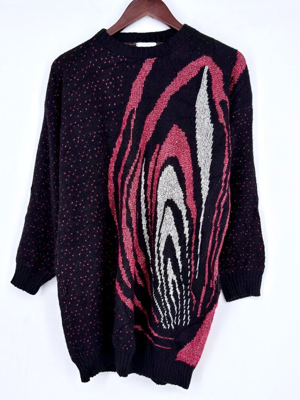 Vintage 80s 90s Whimsigoth Abstract Swirl Sweater Tunic Black Magenta Sparkle L